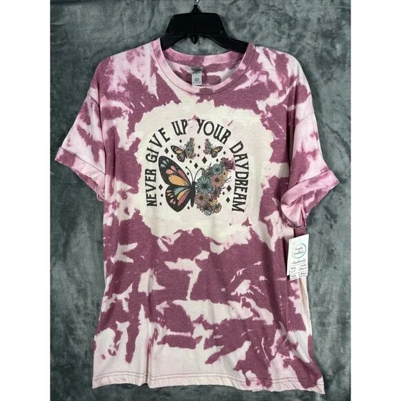 Women’s T-Shirt “Never Give Up On Your Day Dream” Tye Dye Butterflies & Flowers - Picture 1 of 14